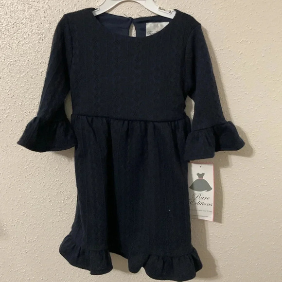 Rare Editions Dark Blue Toddler Girls Bell Sleeve Knit Dress Size 4T NWT - Picture 2 of 4